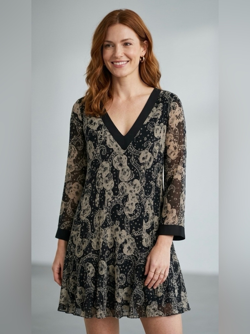 Bisou Bisou- Black & Taupe Paisley Print Chiffon Dress, SHEER